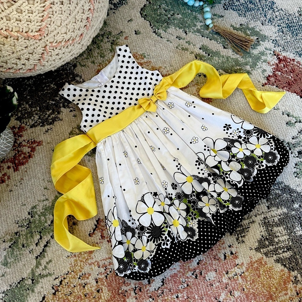 Y2K Bonnie Jean 4T Toddler Girl Cotton Polka Dot Floral Dress Black White Yellow
